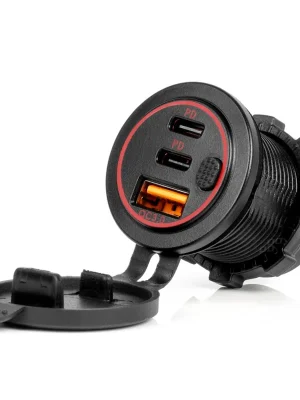 Sezónní Sleva Amio 04227 Vodotěsná nabíječka telefonu s vypínačem ČERVENÉ LED podsvícení USB + 2xUSB C QC3.0