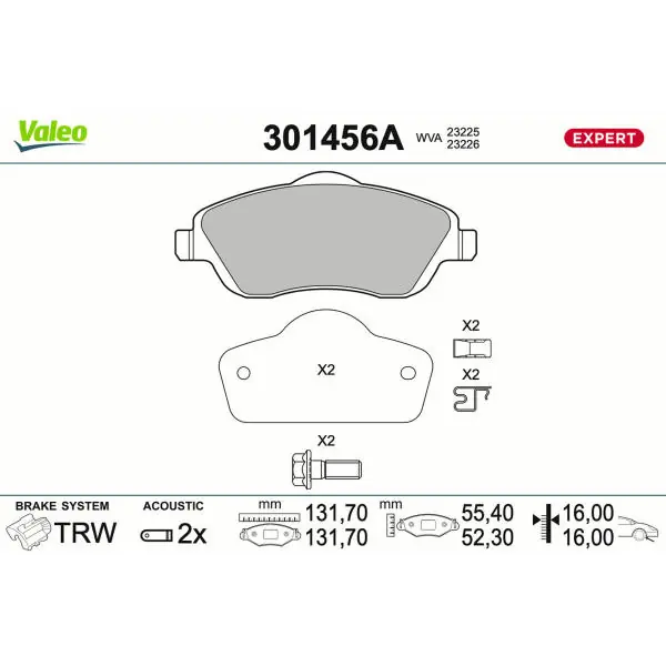 Originální Sada brzdových destiček, kotoučová brzda VALEO 301456A
